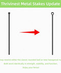 Comparison of rounded ball top and hexagonal nut top Thrivinest metal stakes for garden fencing.