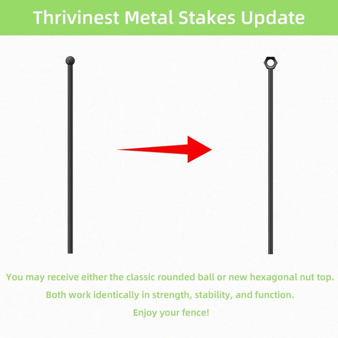 Comparison of rounded ball top and hexagonal nut top Thrivinest metal stakes for garden fencing.