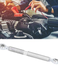 Gear Head Favorite Adjustable Alternator Tensioning Rod Bracket Seven Inch Stainless Steel auto parts under mechanic's hands.