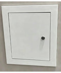 Paintable Lockable Access Panel For Drywall 7X12 Inch Beefy Metal Wall Hole Cover with keyhole detail in white finish.