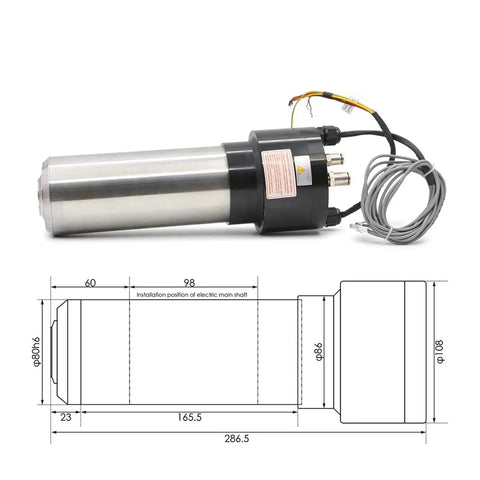 Heavy Duty 2.2kw Water Cooled Spindle 220v Router Motor showing design, dimensions, and cooling features for DIY CNC setups.