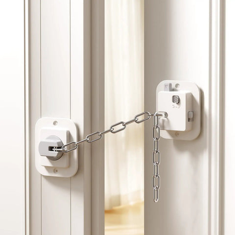 Adjustable Cat Door Stopper That Holds Entryways Wide While Keeping Pups Out Zero Drill Setup with chain latch on door.
