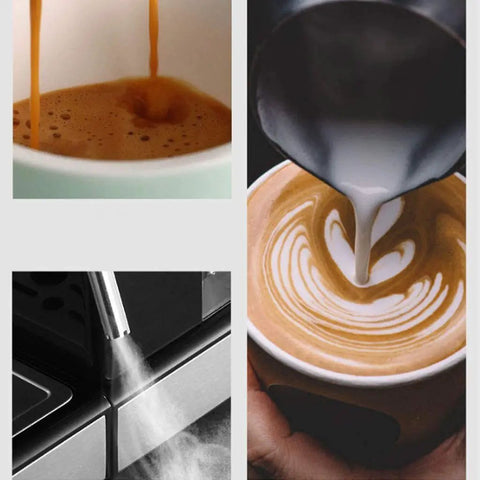 Household Semi Automatic Espresso Machine With Twenty Bar Pressure Built To Hit The Spot And Brew Perfect Cappuccino Latte Milk Foam Drinks Daily At Home; brewing espresso and milk foam preparation