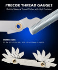 Thread pitch gauge and screw with precise markings for measuring metric sizes, part of the Metric Tap And Die Set Kit Pro Grade All In One.