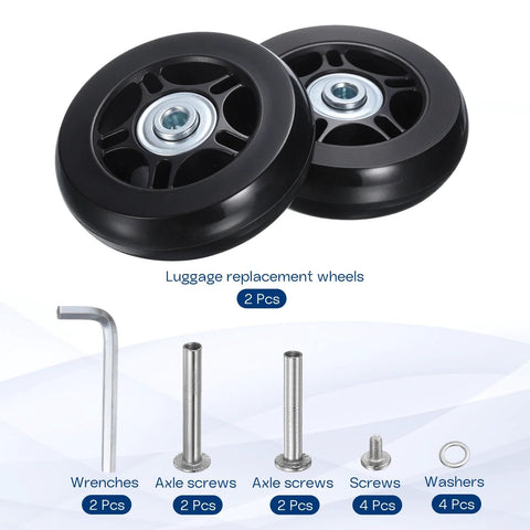 Luggage Suitcase Replacement Wheels 80x24mm Rubber Swivel Caster Bearings Repair Kit with tools and components displayed