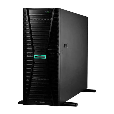 Hardcore 4U Tower Server In Beast Mode Featuring Dual Intel Xeon 4410Y Processors With One Terabyte DDR5 Ram And Massive Fifteen TB SAS SSD Storage Built For Raid And Preinstalled With Windows Server 2022. Front view of a black tower server with green LED indicators.