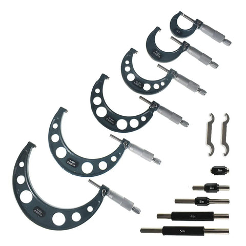 Six Pack Outside Micrometer Set 0 To 6 Inches With 0.0001 Inch Precision, Ratchet Stop Thimble, in a lined storage case with tools