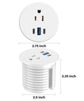 Slick Recessed Desktop Power Grommet 2.5 Inch Flush Mount Outlet featuring USB C and three ports, white finish, ideal for desks.