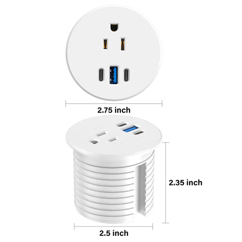 Slick Recessed Desktop Power Grommet 2.5 Inch Flush Mount Outlet featuring USB C and three ports, white finish, ideal for desks.