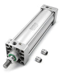 Heavy Duty Pneumatic Air Cylinder With Two And One Half Inch Bore And Nine Point Eight Four Inch Stroke, Double Acting, Single Rod Design, M16x1.5 Threaded Rod, Three Eighths Port, Includes Two Push In Fittings