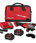 Pro Level Cordless Brushless Angle Grinder With Quick Stop Brake And Reliable Paddle Switch Packs 9000 Rpm in red carrying case with batteries.