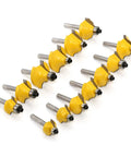 Pro Level Tungsten Carbide Router Bit Set 35 Piece Kit With Solid Quarter Inch Shank arranged in a row for woodworking projects.