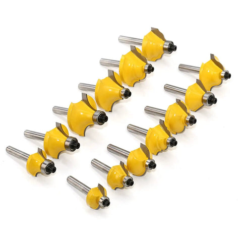 Pro Level Tungsten Carbide Router Bit Set 35 Piece Kit With Solid Quarter Inch Shank arranged in a row for woodworking projects.