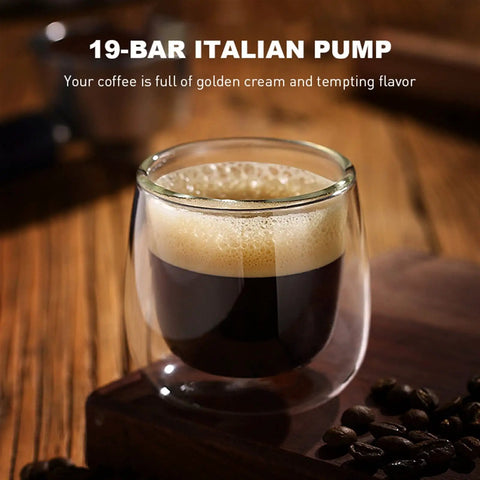 Top Shelf All In One Automatic Espresso Coffee Maker And Cappuccino Latte Brewer With Quick Milk Froth And Easy Turn Knobs For No Hassle Daily Grinds At Home in a glass cup with rich espresso and frothy crema.