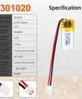 3.7V 40mAh 301020 LiPo Battery Pack With PH2.0mm JST Connector specifications and close-up of connector details