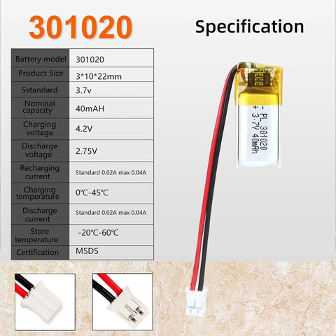 3.7V 40mAh 301020 LiPo Battery Pack With PH2.0mm JST Connector specifications and close-up of connector details