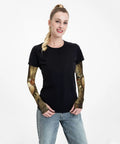 Model wearing Kickin Steampunk Arm Sleeves Legit Sun Protection Fingerless Garden Gear, showcasing gears and cogs design.