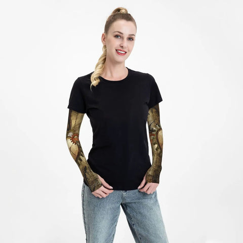 Model wearing Kickin Steampunk Arm Sleeves Legit Sun Protection Fingerless Garden Gear, showcasing gears and cogs design.