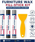 No Fuss Wood Filler Sticks Kit Featuring Three Practical Gray Tones For Swift Furniture Touch Ups with yellow scraper.