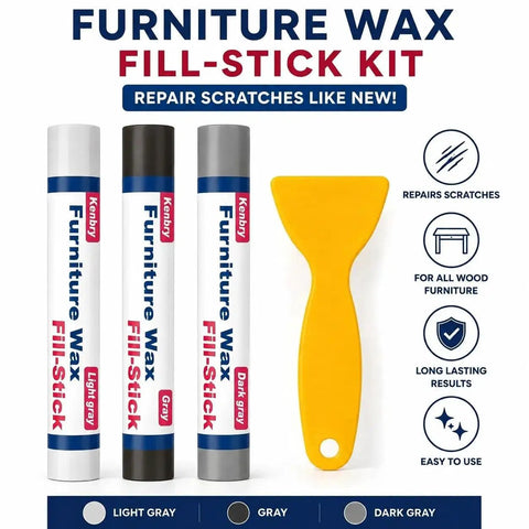 No Fuss Wood Filler Sticks Kit Featuring Three Practical Gray Tones For Swift Furniture Touch Ups with yellow scraper.