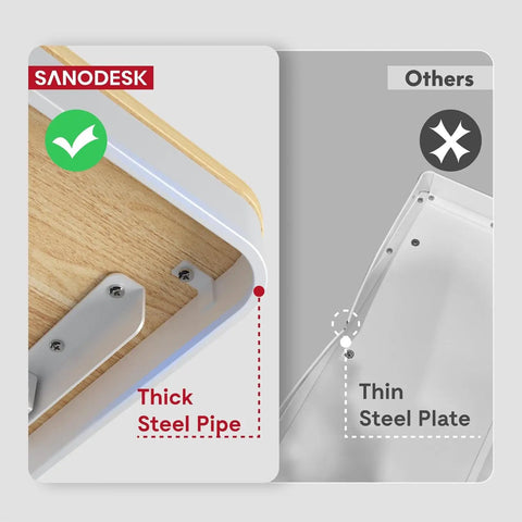 Comparison image highlighting the thick steel pipe of the Electric Height Adjustable Standing Desk With Built In Drawer.