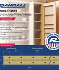 Heavy Duty Continuous Hinge Also Called Piano Hinge In Solid Brass Plated Steel With Mounting Screws Included shown in cabinet with dimensions.