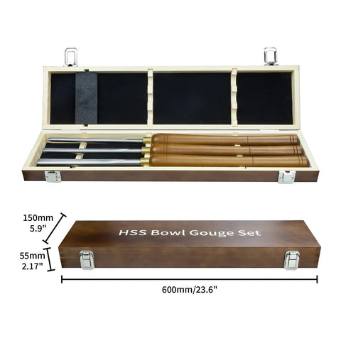 Heavy Hitter M2 HSS Bowl Gouge 3 Pack Side Grind Wood Lathe Turning Chisels in a wooden case with three chisels.