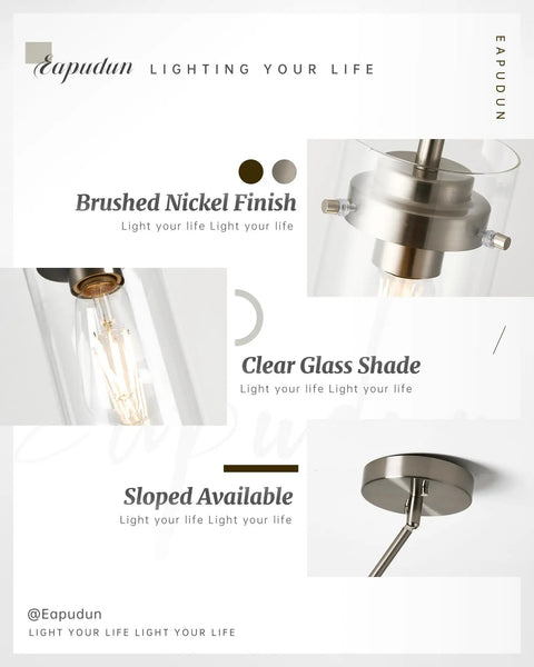 Two Pack Brushed Nickel Pendant Lights For Kitchen Island And Dining Room, Adjustable Drop Height, Clear Glass Farmhouse Ceiling Fixtures, Dope Modern Pendant Lighting For Sink Area And Home Decor