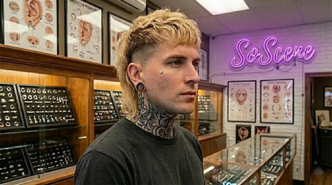 Person in a jewelry shop with Dermal Top Multi Pack 14G 16G Implant Grade Titanium Surface Piercing Jewelry Set displayed in background.