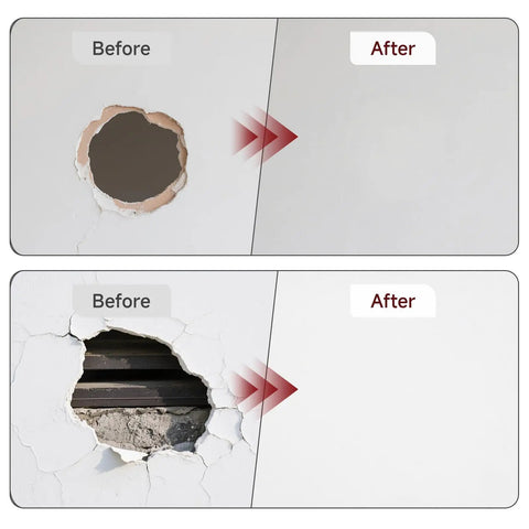 19 Piece Wall Repair Patch Kit With Aluminum Self Adhesive Patches For Small To Large Holes Includes 2 By 2 Inch 4 By 4 Inch 6 By 6 Inch And 8 By 8 Inch Metal Patches Scrapers Sandpaper And Gloves For No Sweat Drywall Fix before and after comparison of wall hole repair