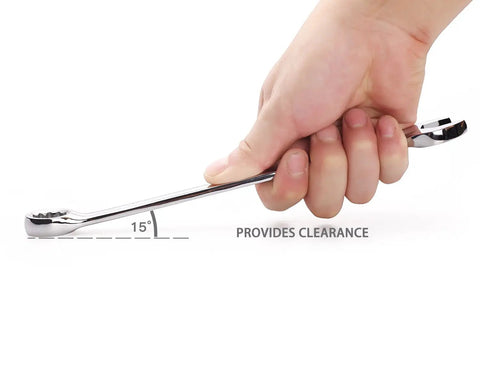 Close-up of hand gripping Pro Grade Extra Long Metric Wrench Set, 16 Piece Chrome Vanadium, illustrating 15-degree clearance angle.