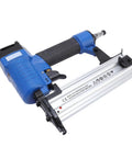 Heavy Duty Pneumatic Brad Nailer With Kickass Aluminum Build And Smooth Air Powered Operation For 10 To 50mm Fasteners side view showing grip and fastener loading mechanism.
