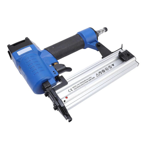 Heavy Duty Pneumatic Brad Nailer With Kickass Aluminum Build And Smooth Air Powered Operation For 10 To 50mm Fasteners side view showing grip and fastener loading mechanism.
