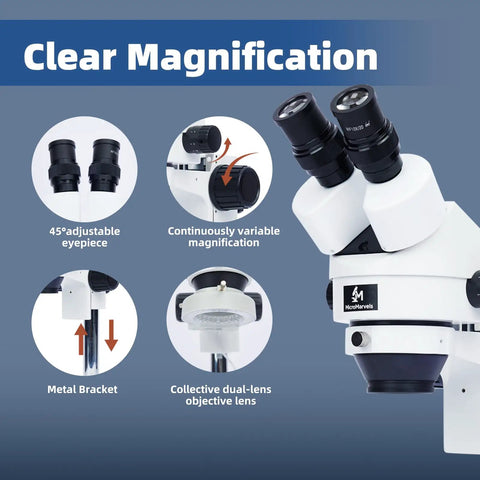Professional Binocular Stereo Microscope 7X to 45X Zoom With LED Ring Light, Dual Coarse and Fine Focus, Wide Base for PCB Repair, Jewelry, Minerals, and Precision Inspections, 45° eyepiece