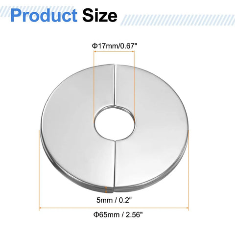 Solid Stainless Steel Split Flange Pipe Collar With Hassle Free Peel Stick Grip Heavy Duty Clip On Escutcheon Trim Ring For Walls Floors Ceilings Bathroom Kitchen Toilet Pipe Covers Two Pack, 65mm face size.