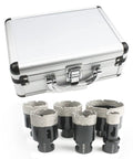 Six Piece Diamond Hole Saw Kit For Granite Marble Porcelain Tile Stone Brick Vacuum Brazed Core Bits 20mm 35mm 40mm 45mm 50mm And 68mm Built Tough For Clean Fast Holes And Pro Grade Drilling For DIY Or Pro Jobs shown with silver storage case
