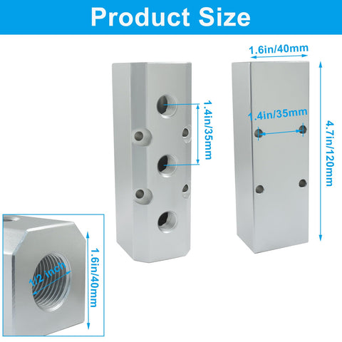 Three Way Five Port Air Manifold Block Aluminum Inline Air Hose Splitter with 1/2 Inch NPT Threads High Flow dimensions