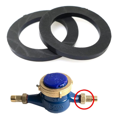 Two black rubber gaskets and a blue water meter with brass threaded fittings