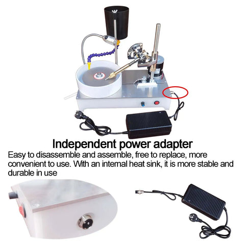 6 Inch Bench Grinder and Polishing Machine Gear Up for Gemstone Lathe Work with DC 24V Motor Spinning 2800 RPM for Jewelry Jade Glass and Crystal Projects showing power adapter and assembly details.