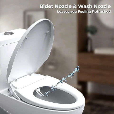 Elongated Bidet Seat With Dual Nozzles, Easy No Wiring Install, Self Cleaning shown spraying water into toilet bowl