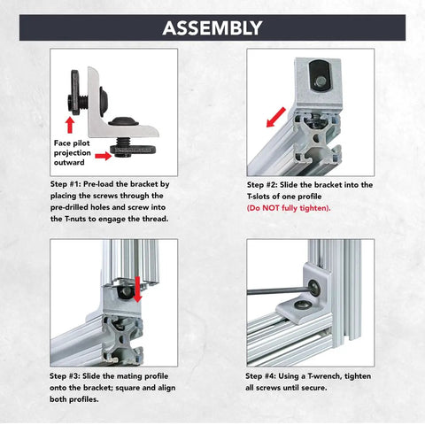 Assembly steps for Rock Solid Aluminum Inside Corner Bracket For T Slot Extrusion 90 Degree Angled Connector.