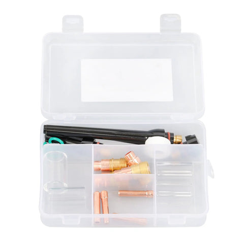Open box containing TIG Welding Torch Parts Kit For WP17 WP18 WP26, 22 Piece Stubby Gas Lens And 10 Glass Cups, consumables visible