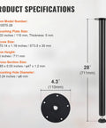 28 Inch Adjustable Desk Legs Heavy Duty Steel Table Support Set Of 4 Boss Desk Upgrade 1200 Lb Load Capacity No Sweat Setup Computer Frame With Adjustable Feet Matte Black Finish specifications showing height and plate size.