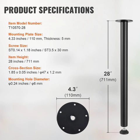28 Inch Adjustable Desk Legs Heavy Duty Steel Table Support Set Of 4 Boss Desk Upgrade 1200 Lb Load Capacity No Sweat Setup Computer Frame With Adjustable Feet Matte Black Finish specifications showing height and plate size.