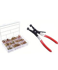 Rock Solid Assorted Worm Drive Hose Clamp Kit With 230 Pieces For Silicone Hoses And Water Pipelines That Adjust Perfectly To Fasten Pipe Joints Securely Without Any Shifting Or Leaks On All Kinds Of Air Tubes. 230-piece metal clamp kit in box with red-handled pliers