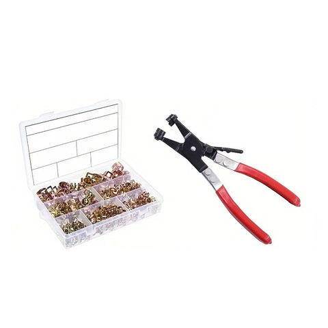 Rock Solid Assorted Worm Drive Hose Clamp Kit With 230 Pieces For Silicone Hoses And Water Pipelines That Adjust Perfectly To Fasten Pipe Joints Securely Without Any Shifting Or Leaks On All Kinds Of Air Tubes. 230-piece metal clamp kit in box with red-handled pliers