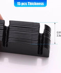 Hand holding 15-pack of Door Hinge Shims For Interior Door Alignment, 0.060 Inch Thick PVC, showing thickness dimensions 0.91in or 2.3cm
