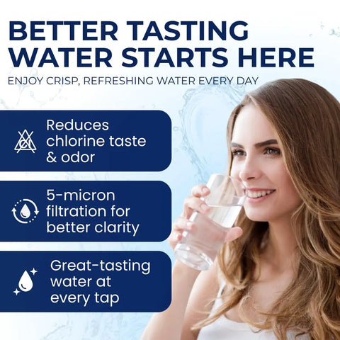 Smiling woman drinking water, highlighting benefits of 4 Pack Replacement Carbon Block Water Filter Cartridges For GE GXWH04F GXWH20F GXWH20S GXRM10 Coconut Shell Activated Carbon 5 Micron Removes Chlorine Taste Odor For Fresher Drinking Water: Reduces chlorine taste & odor, 5-micron filtration, and great-tasting water.