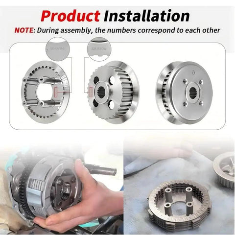 Heavy Duty Clutch Kit With Friction Plate And Induction Hardened Steel Hub Assembly For Honda TRX250X installation guide showing components.