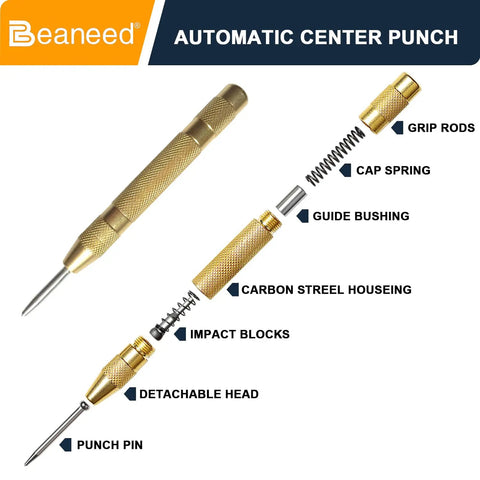 Detailed view of the Built Tough Automatic Center Punch 2 Pack Spring Loaded Steel Marking Tool Includes Spare Tips, showing parts.